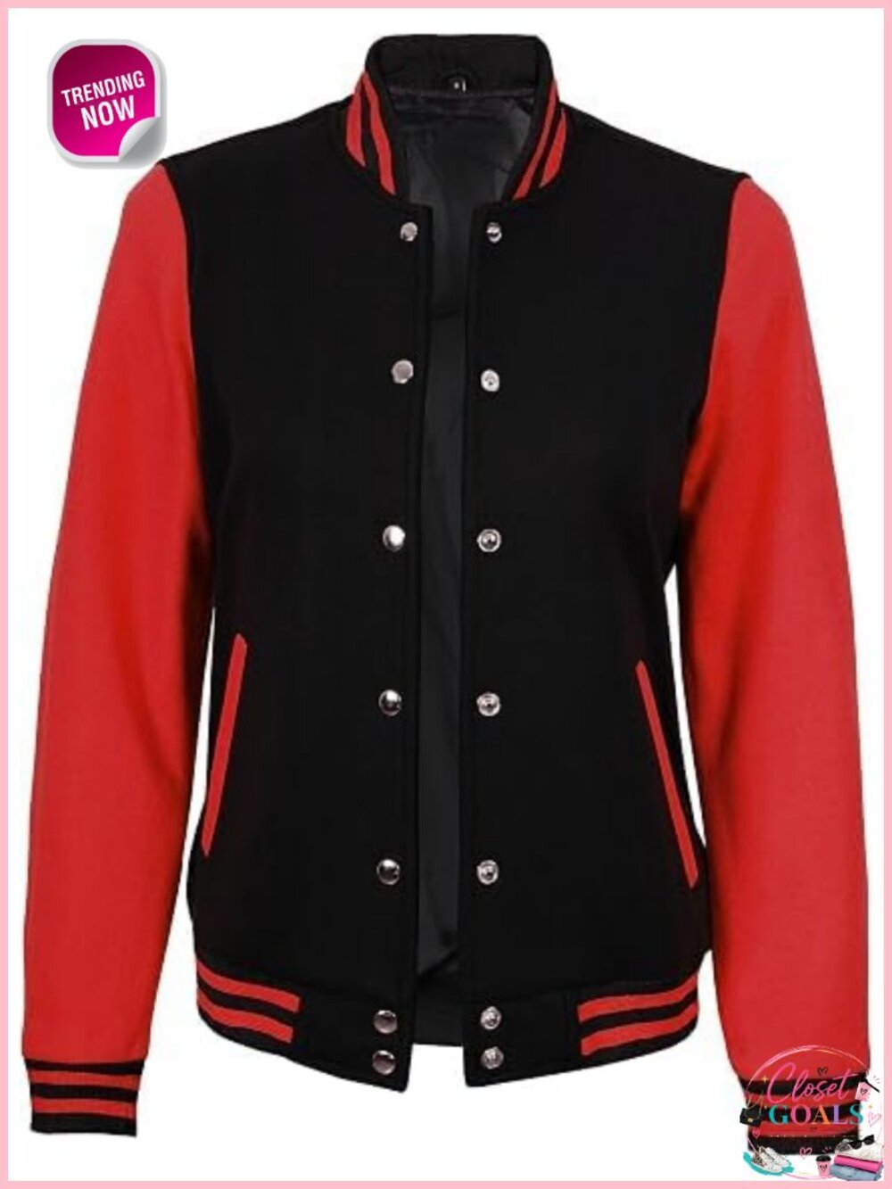 Women's Fleece Varsity Bomber Jacket Snap-Button Baseball Letterman